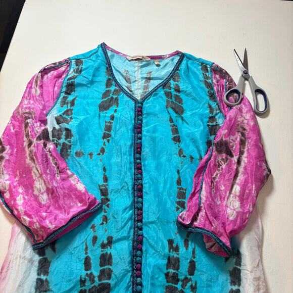 Soft Surroundings CURACAO 100% SILK Tunic Top size L BOHO Turquoise pink Resort - Picture 10 of 10